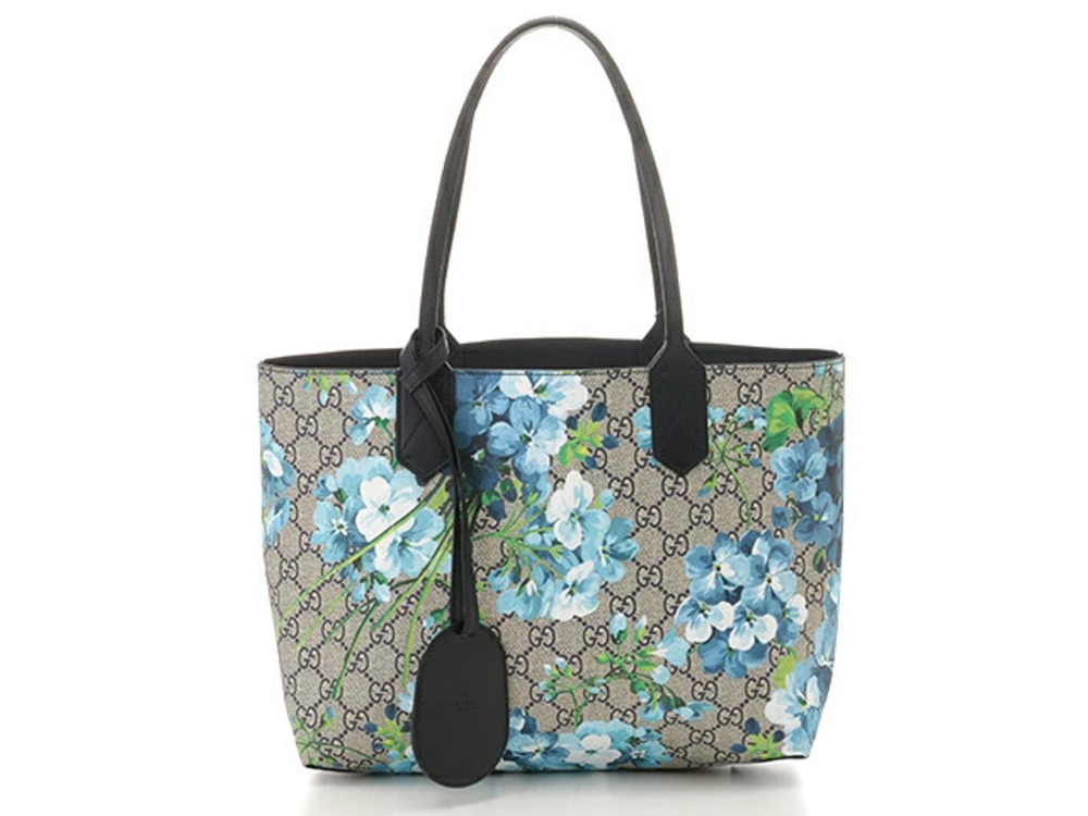 Gucci GG Blooms Reversible Tote Bag Floral Canvas Gray x Blue